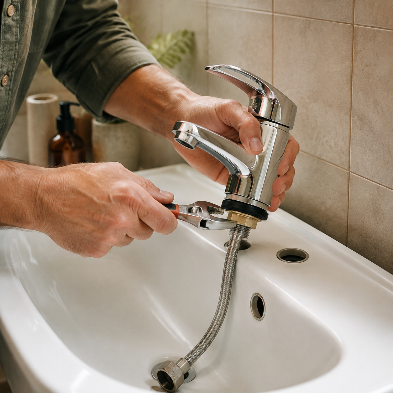 Plumber installing a chrome bathroom faucet