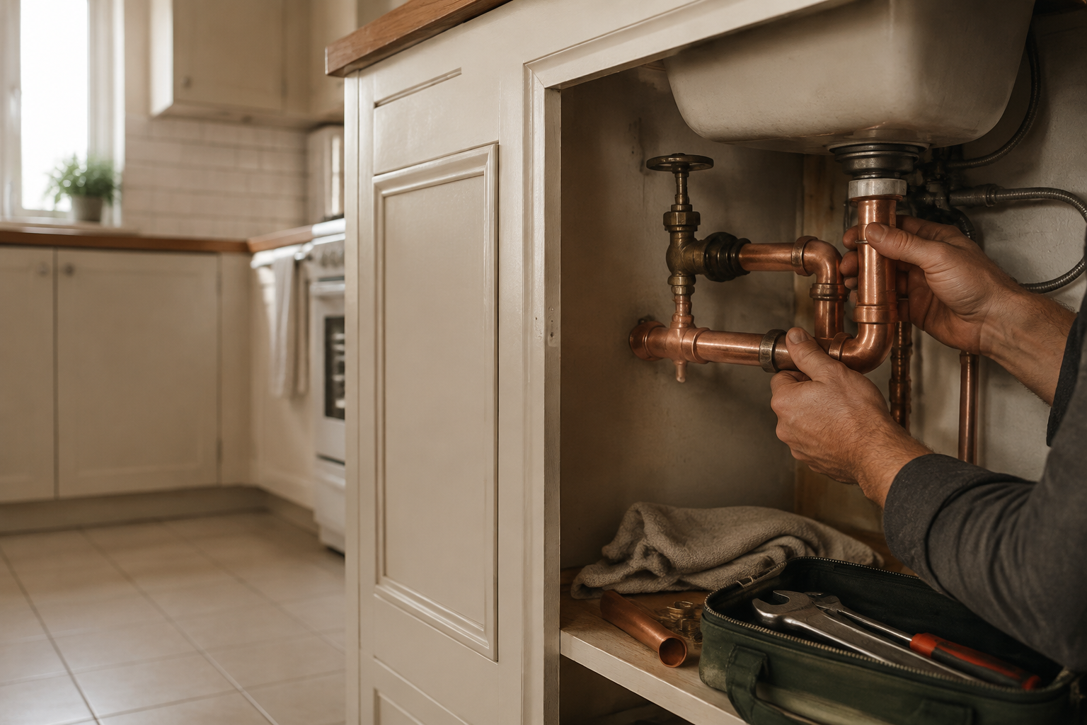 Plumber inspecting copper pipes beneath a kitchen sink